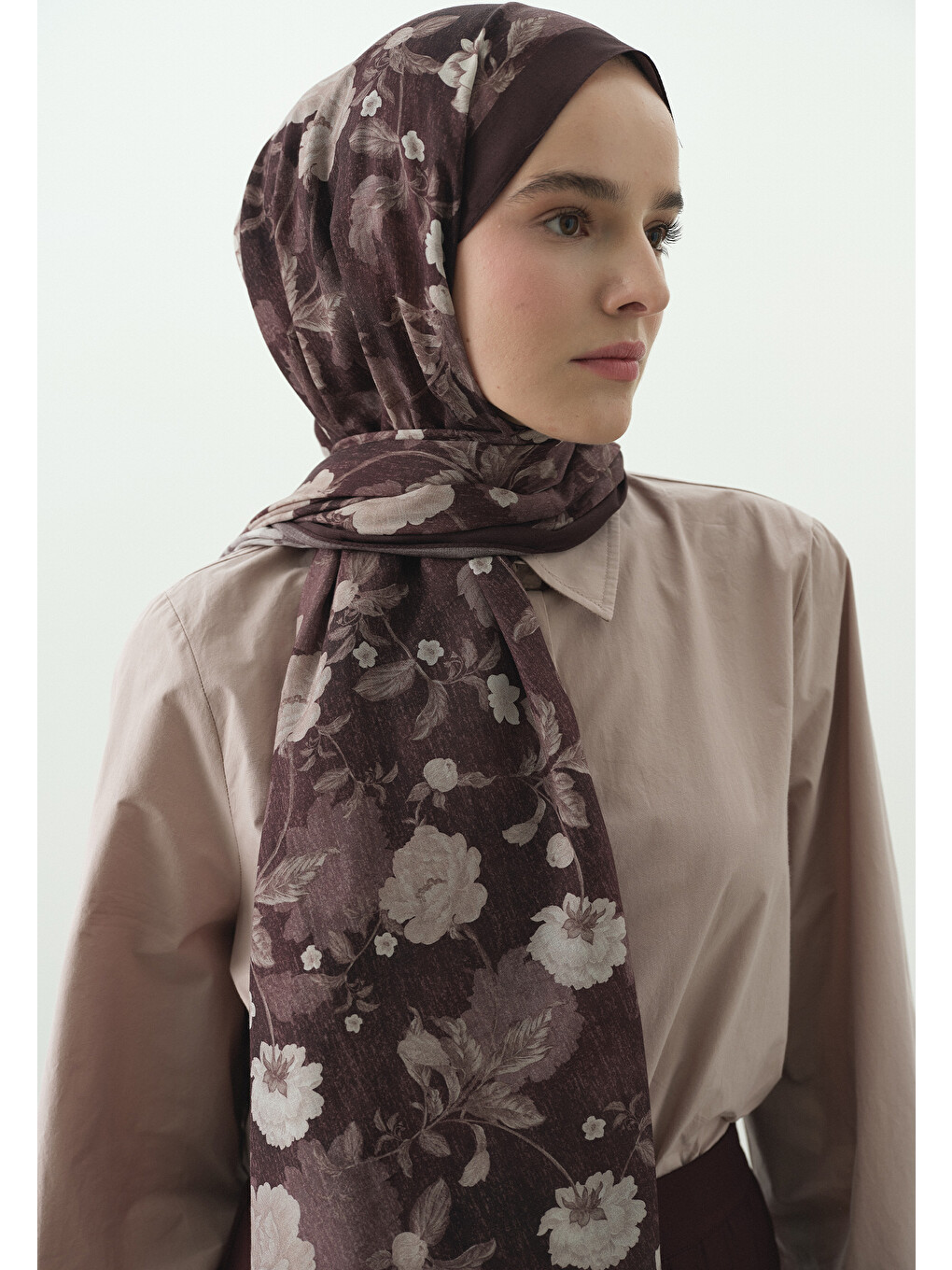 Reverie Desenli Pamuk Viskon Şal Mürdüm-3