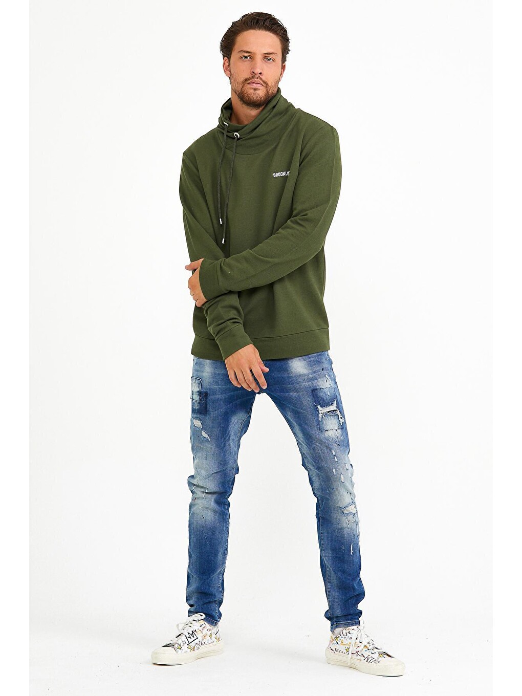 Haki Erkek Şal Yaka Regular Fit Brooklyn Baskılı İnce Sweatshirt Spr22sw143