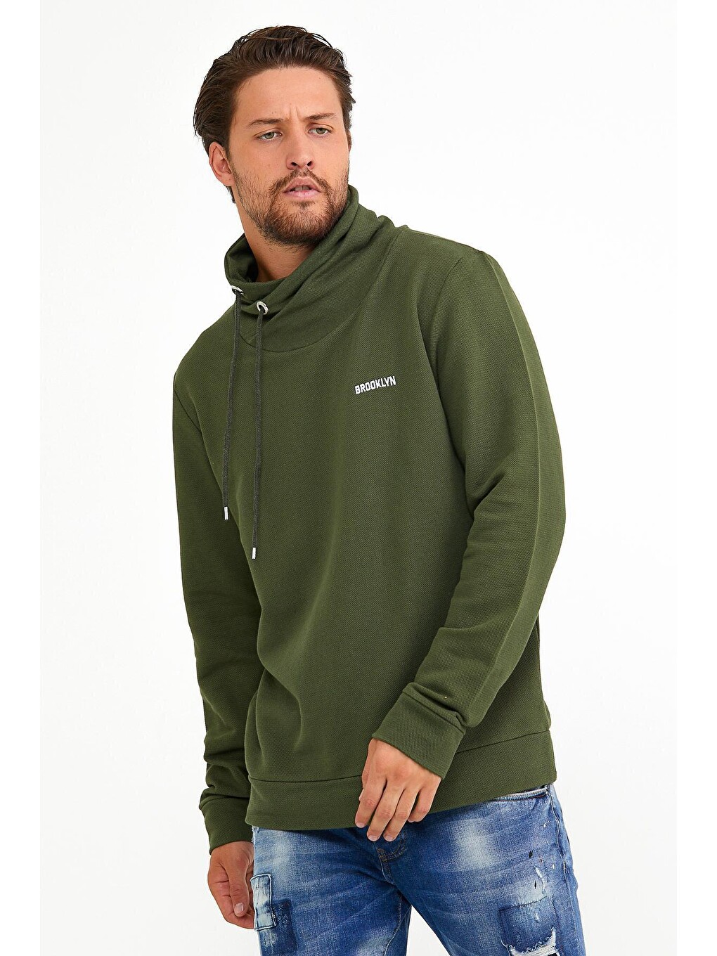 Haki Erkek Şal Yaka Regular Fit Brooklyn Baskılı İnce Sweatshirt Spr22sw143-2