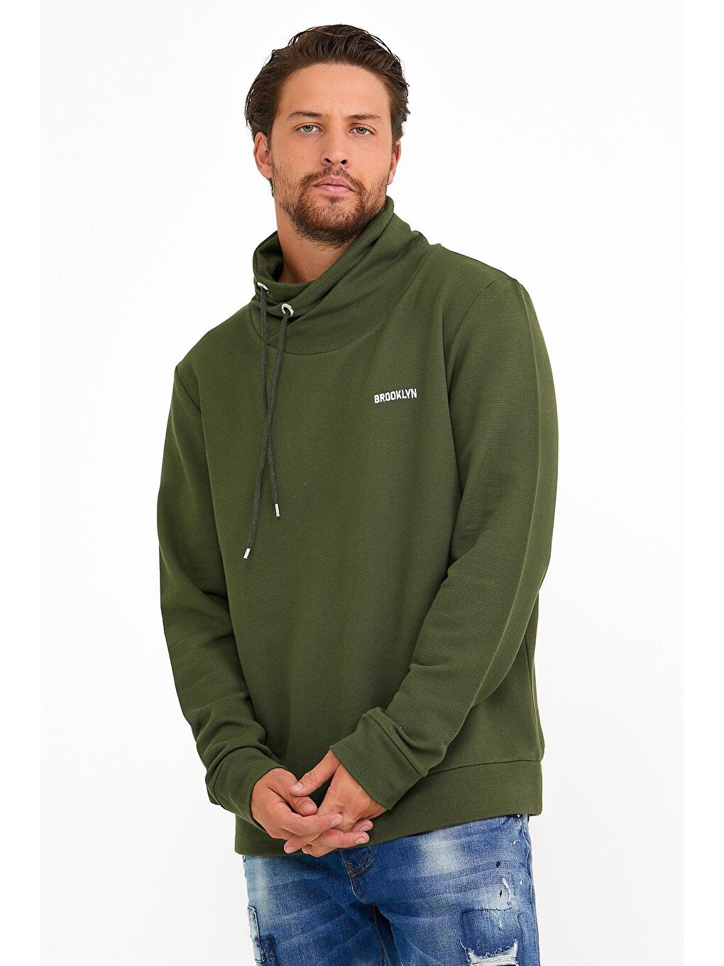 Haki Erkek Şal Yaka Regular Fit Brooklyn Baskılı İnce Sweatshirt Spr22sw143-3