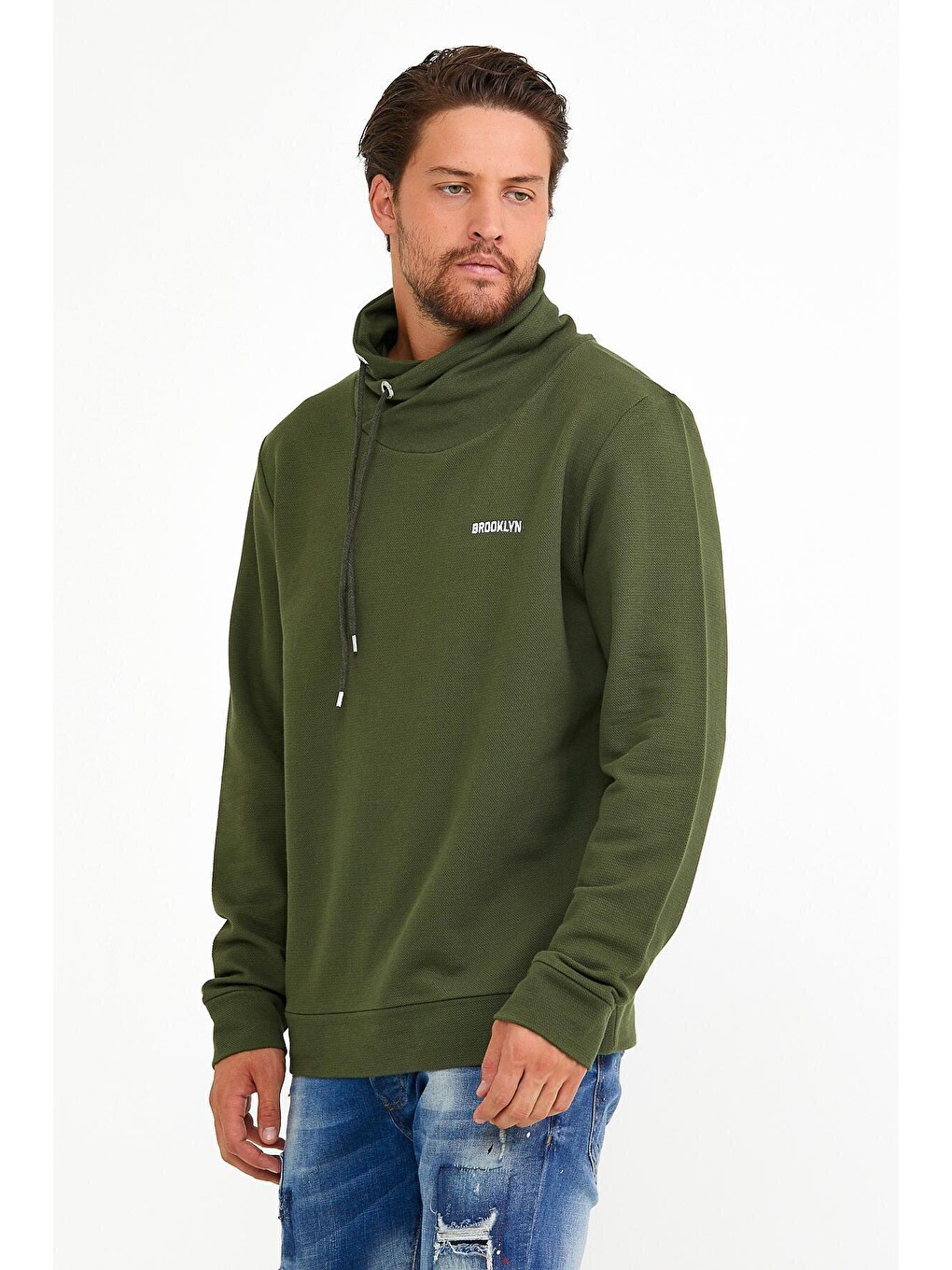 Haki Erkek Şal Yaka Regular Fit Brooklyn Baskılı İnce Sweatshirt Spr22sw143-4