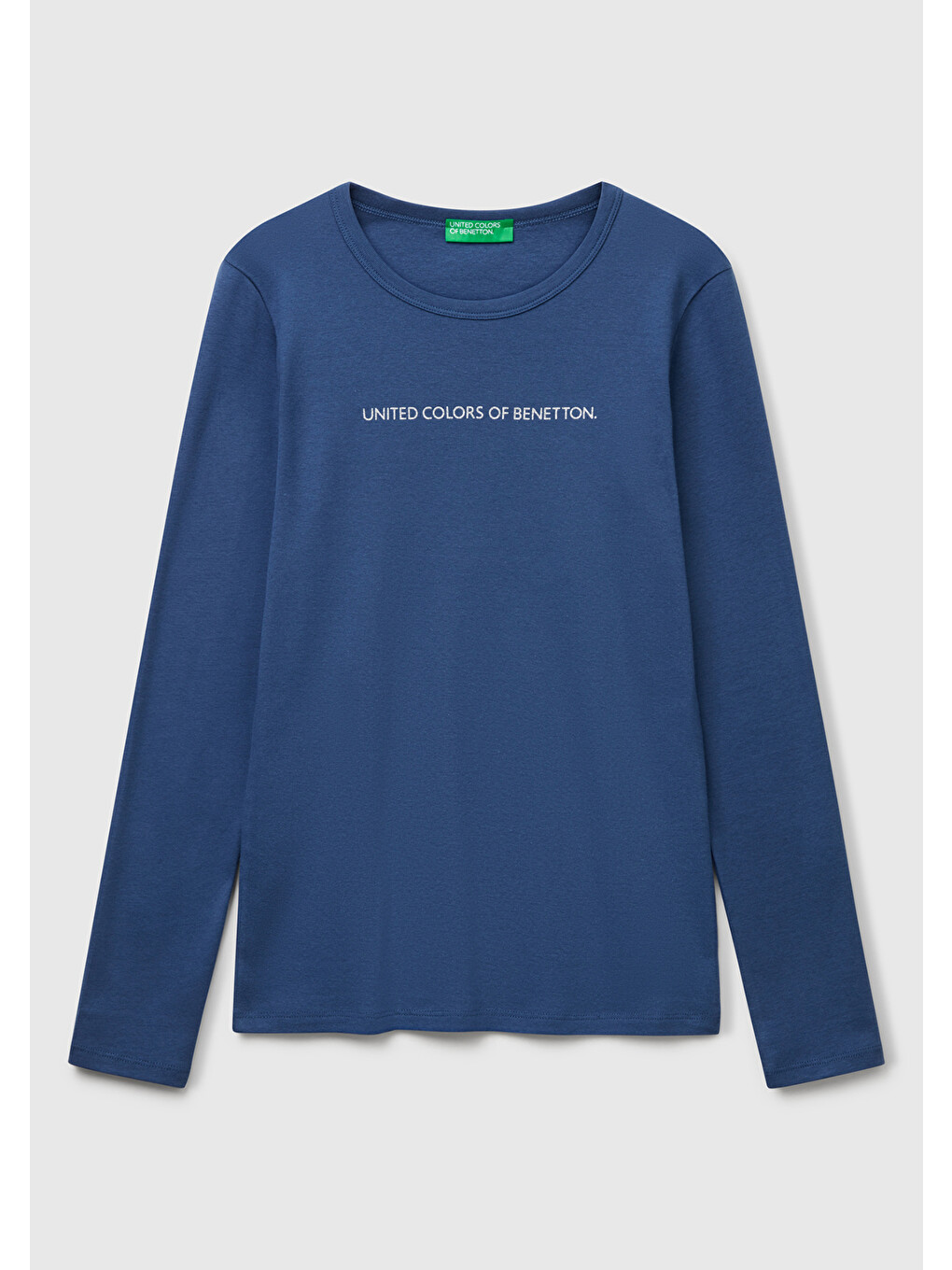 Kadın İndigo Mavisi %100 Pamuk Bisiklet Yaka Benetton Yazılı Uzun Kollu T-shirt-1