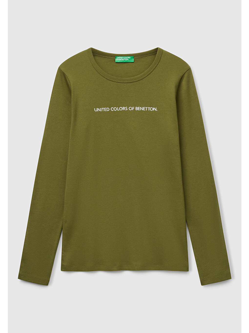 Kadın Haki Yeşili %100 Pamuk Bisiklet Yaka Benetton Yazılı Uzun Kollu T-shirt-1