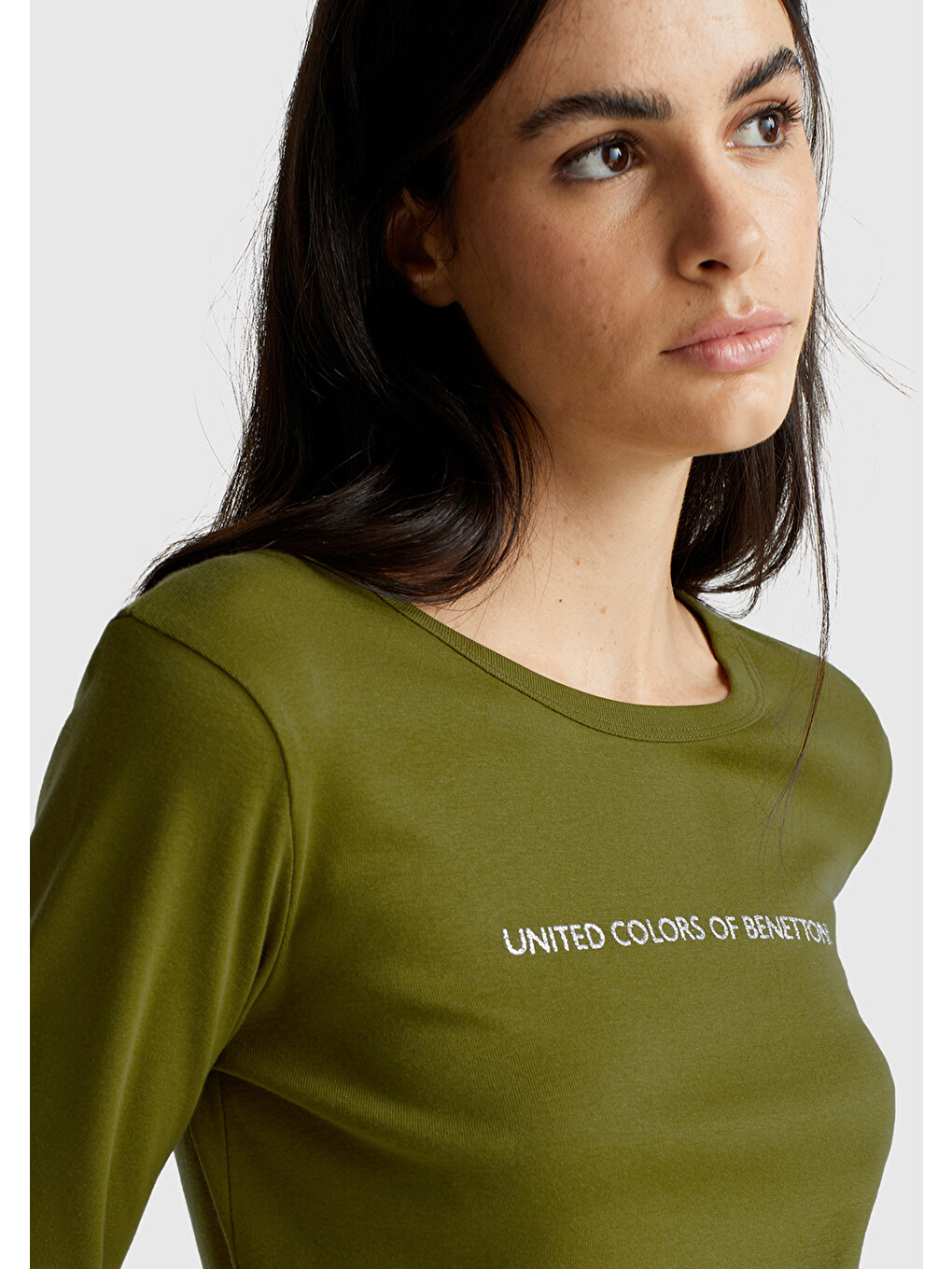 Kadın Haki Yeşili %100 Pamuk Bisiklet Yaka Benetton Yazılı Uzun Kollu T-shirt-4