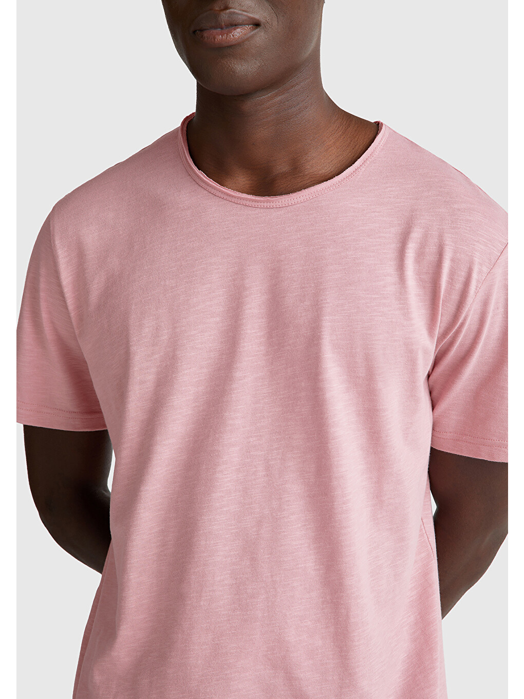 Erkek Pembe Bisiklet Yaka Slub Tişört-5