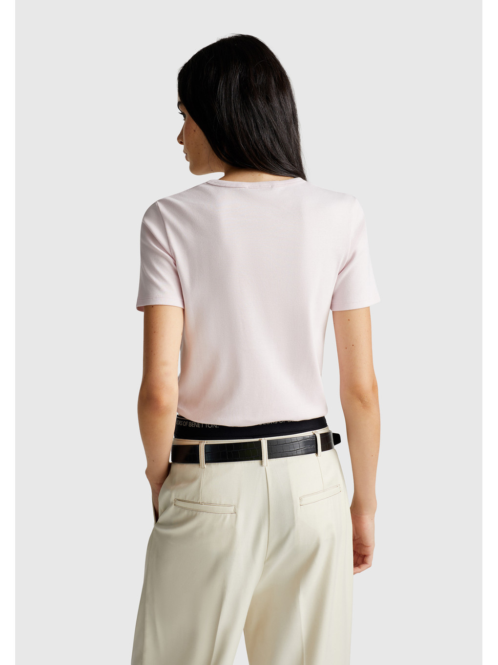 Kadın Açık Pembe %100 Pamuk Basic Kısa Kollu Bisiklet Yaka T-shirt-2