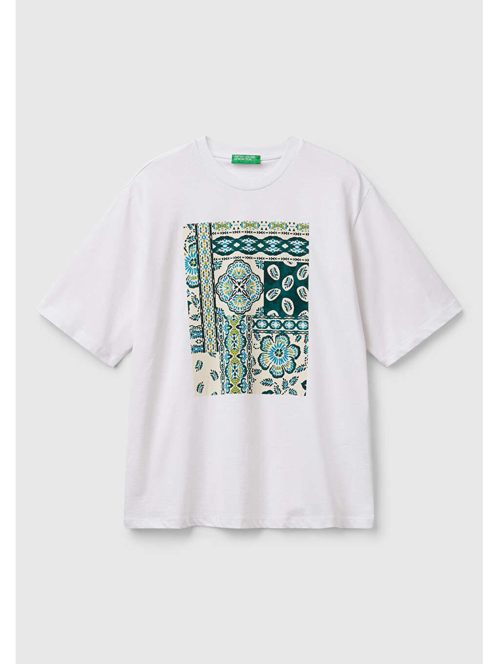 Kadın Beyaz Pamuk Karışımlı Baskılı T-shirt-1