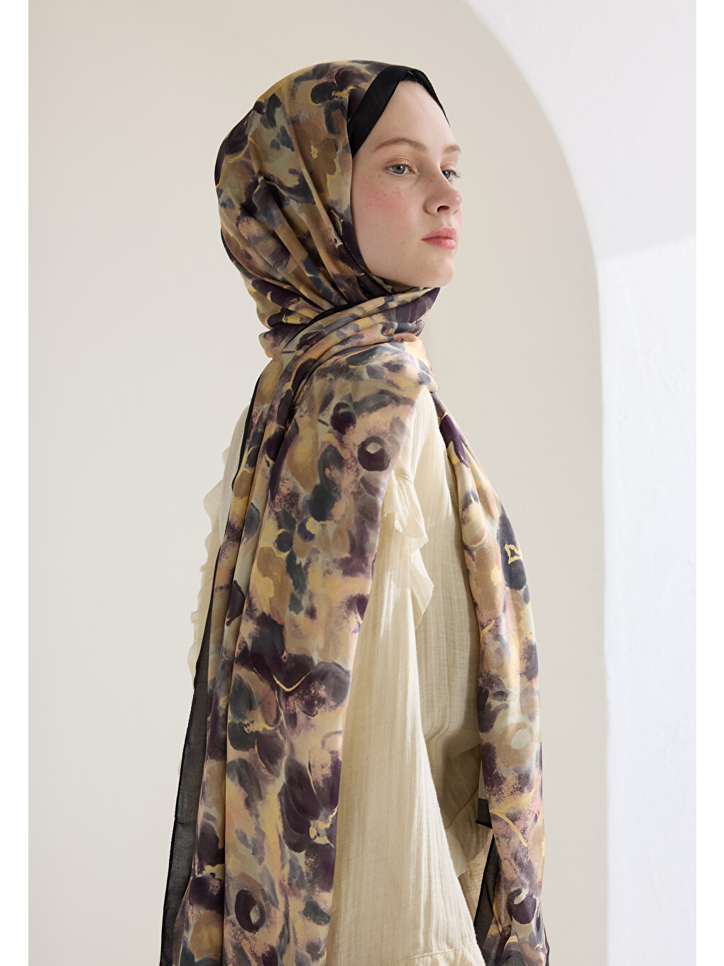 Bej Hıbıscus Beauty Floş Viskon Şal Vizon-3
