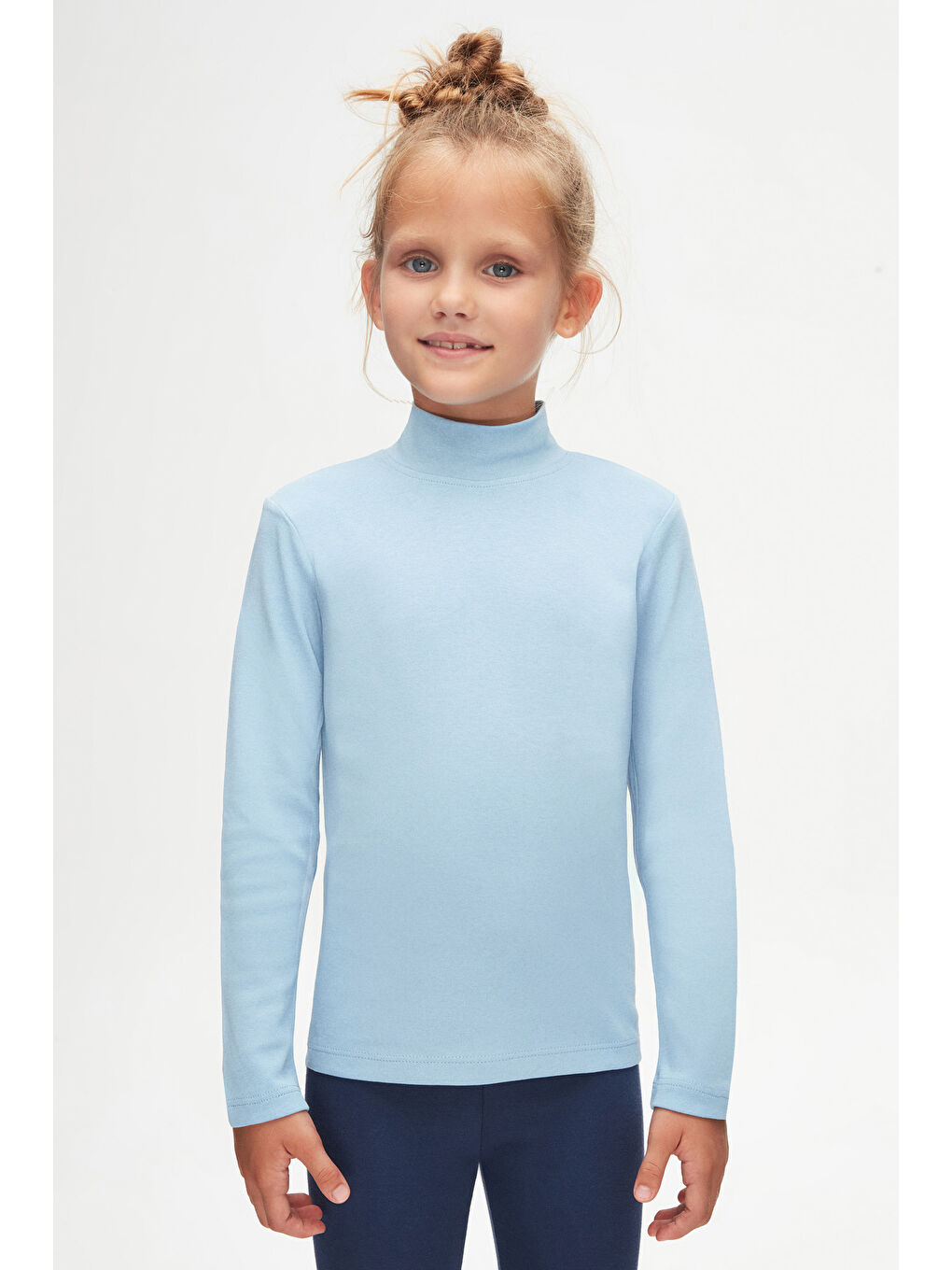 Koyu Mavi Kız Çocuk Yarım Balıkçı Uzun Kol Tişört-1