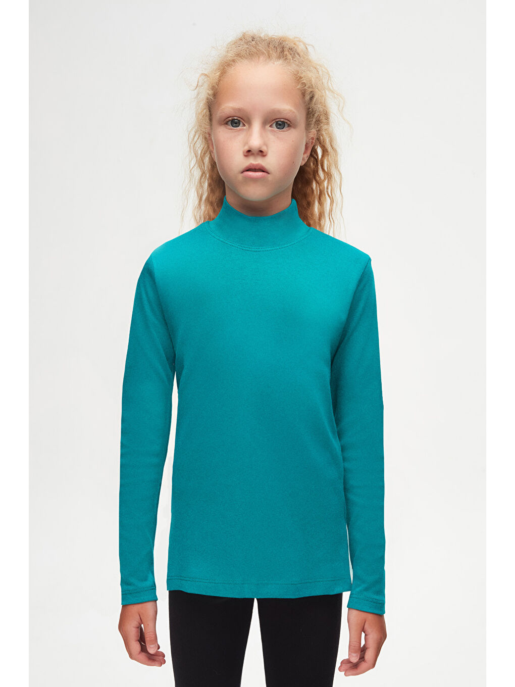 Koyu Petrol Kız Çocuk Yarım Balıkçı Uzun Kol Tişört-1