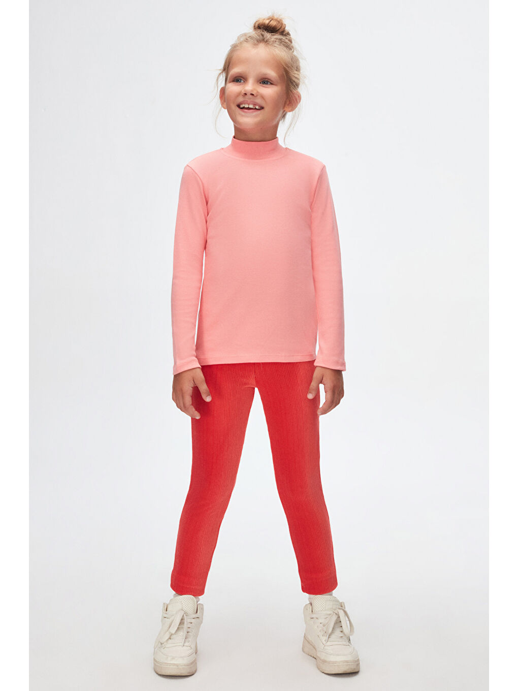 Pembe Somon Kız Çocuk Yarım Balıkçı Uzun Kol Tişört