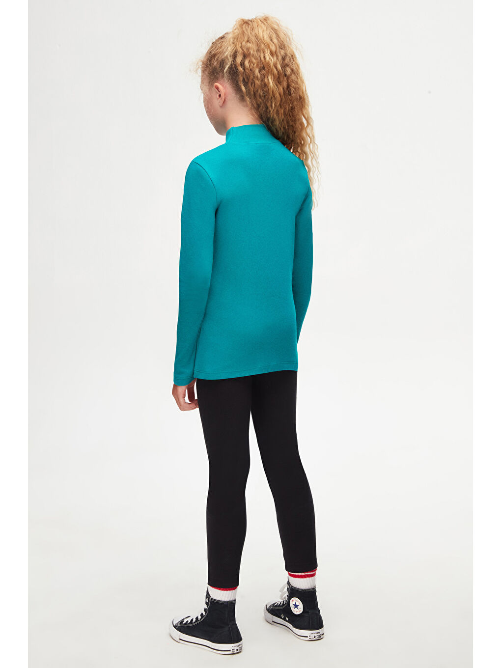 Koyu Petrol Kız Çocuk Yarım Balıkçı Uzun Kol Tişört-3