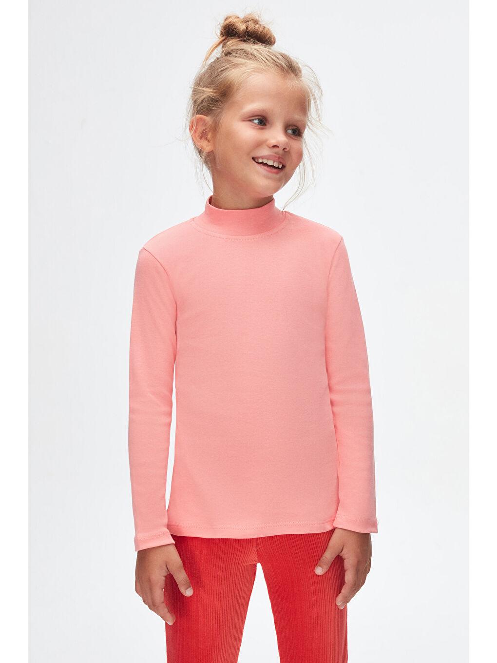 Pembe Somon Kız Çocuk Yarım Balıkçı Uzun Kol Tişört-1