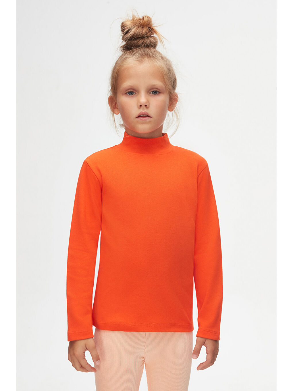 Turuncu Kız Çocuk Yarım Balıkçı Uzun Kol Tişört-1