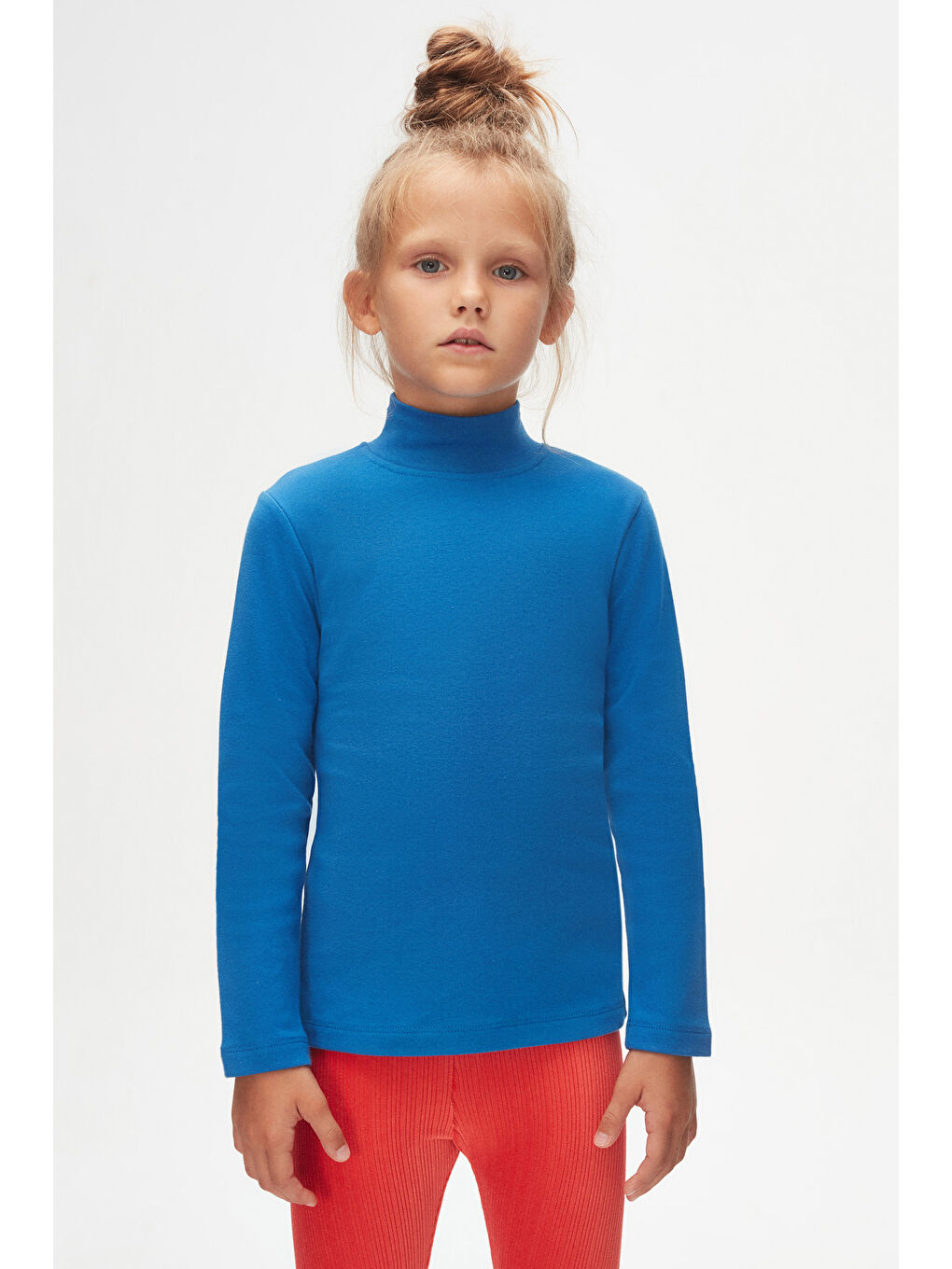 Mavi Saks Kız Çocuk Yarım Balıkçı Uzun Kol Tişört-1