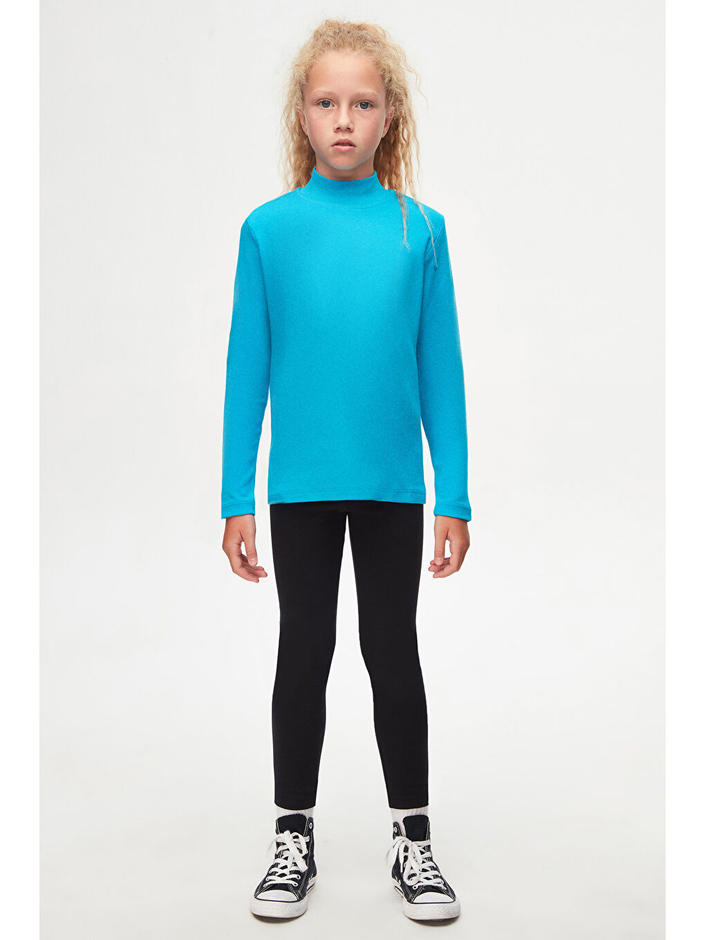 Koyu Turkuaz Kız Çocuk Yarım Balıkçı Uzun Kol Tişört