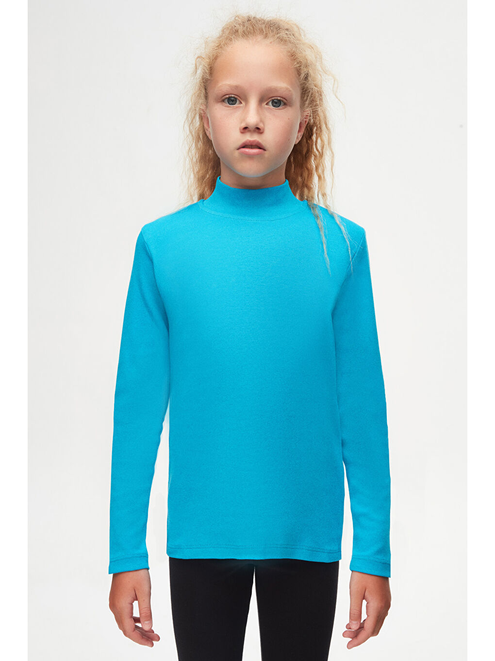 Koyu Turkuaz Kız Çocuk Yarım Balıkçı Uzun Kol Tişört-1