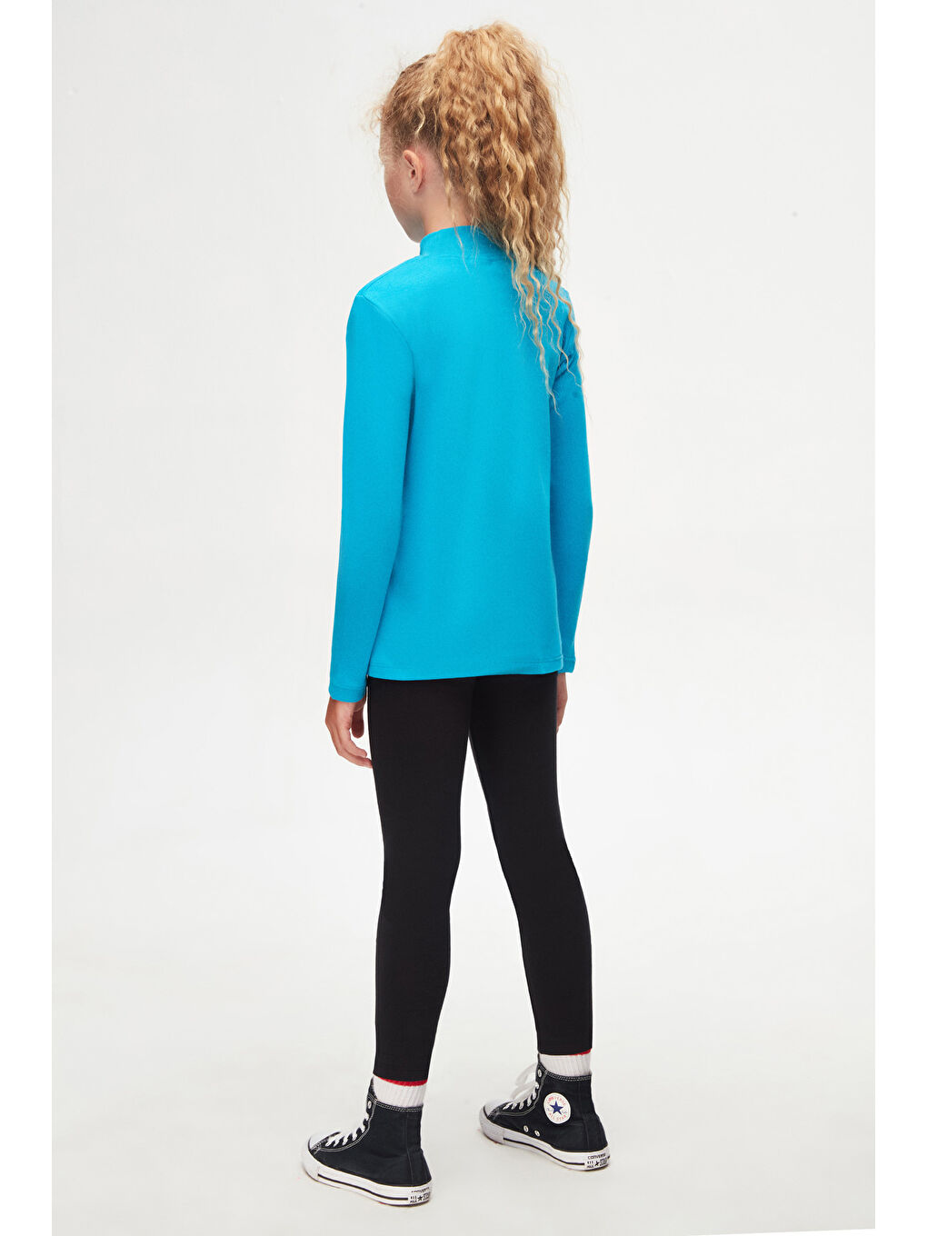 Koyu Turkuaz Kız Çocuk Yarım Balıkçı Uzun Kol Tişört-3