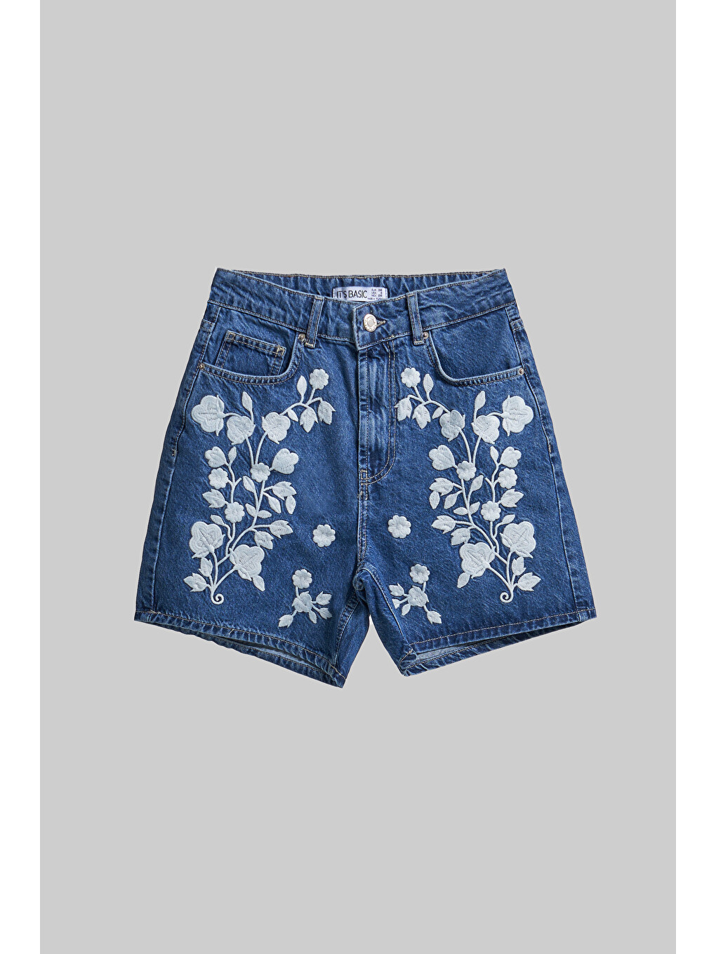 Kadın Mavi Renk 1s5-5 Beyaz Çiçek Nakışlı Midi Boy %100 Pamuk Tasarım Denim Şort