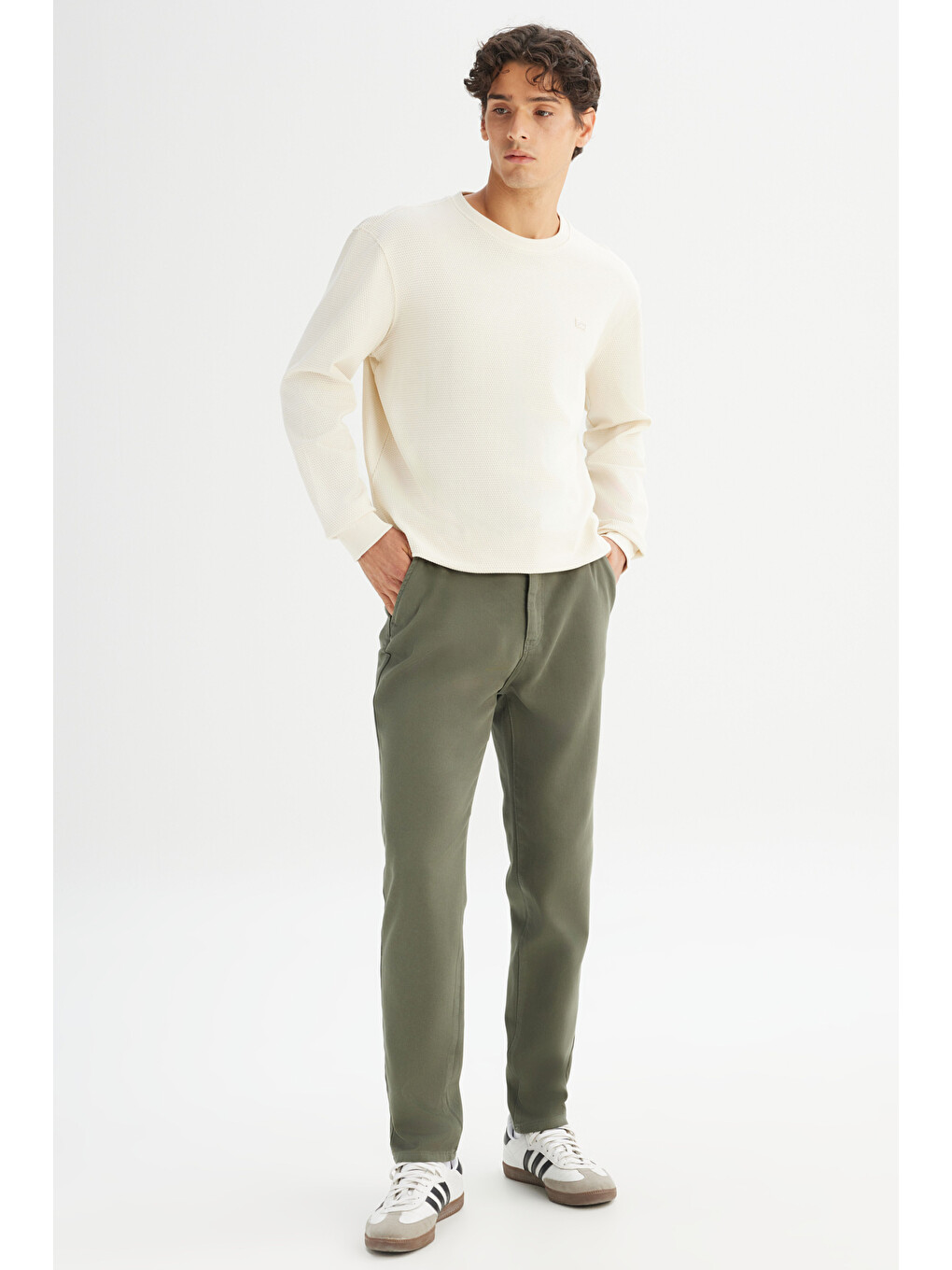 Regular Fit Normal Bel Pamuklu Esnek Haki Chino Pantolon