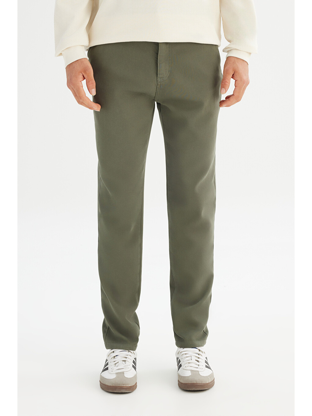 Regular Fit Normal Bel Pamuklu Esnek Haki Chino Pantolon-1