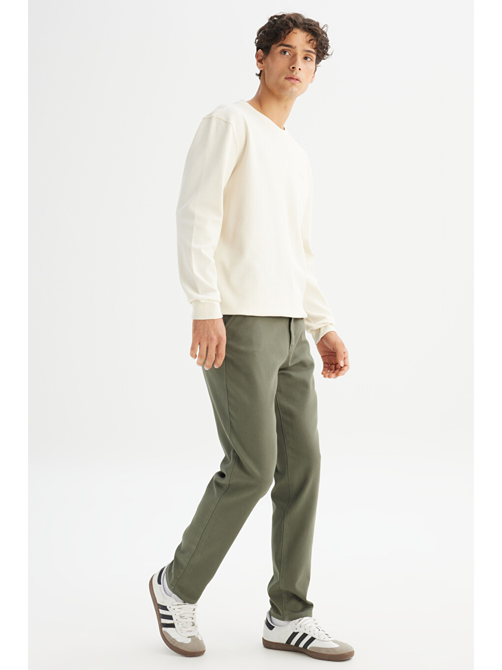 Regular Fit Normal Bel Pamuklu Esnek Haki Chino Pantolon-2