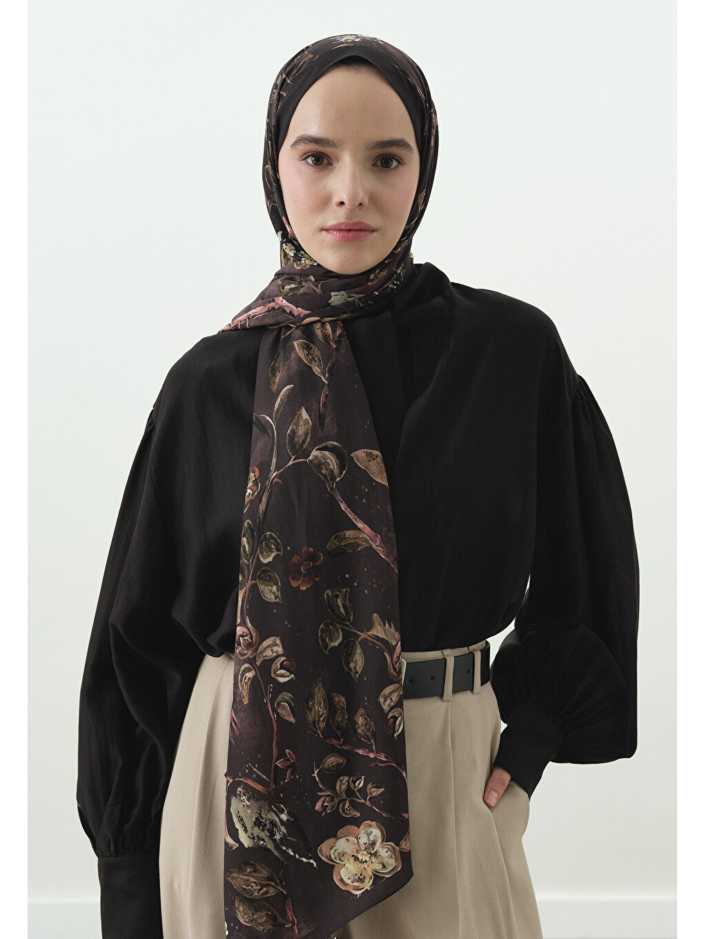 Kahverengi Flower Rain Desenli Pamuk Viskon Şal Kahve-2