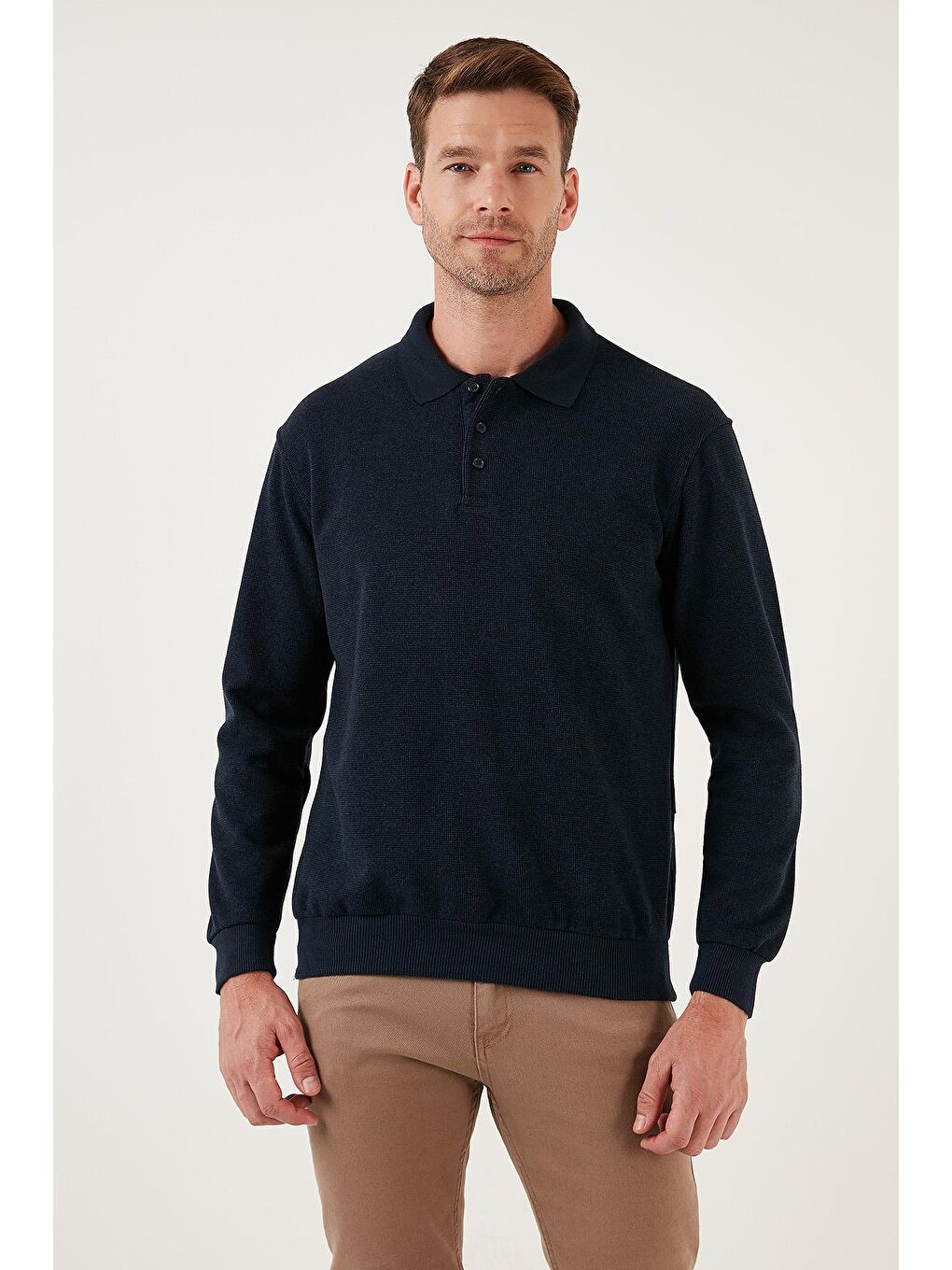 İndigo Pamuklu Slim Fit Düğmeli Polo Yaka Kazak 456211-1