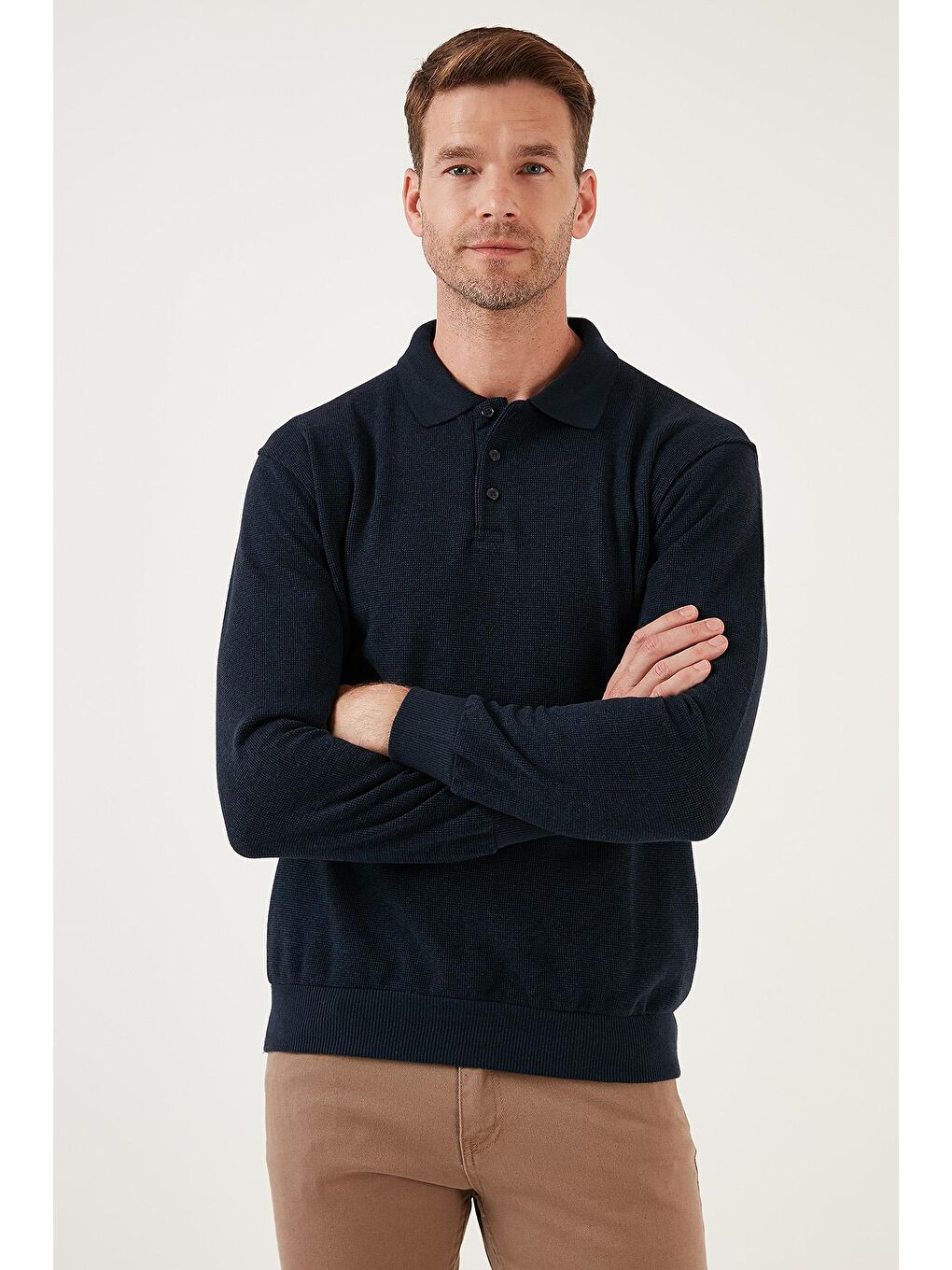 İndigo Pamuklu Slim Fit Düğmeli Polo Yaka Kazak 456211-2