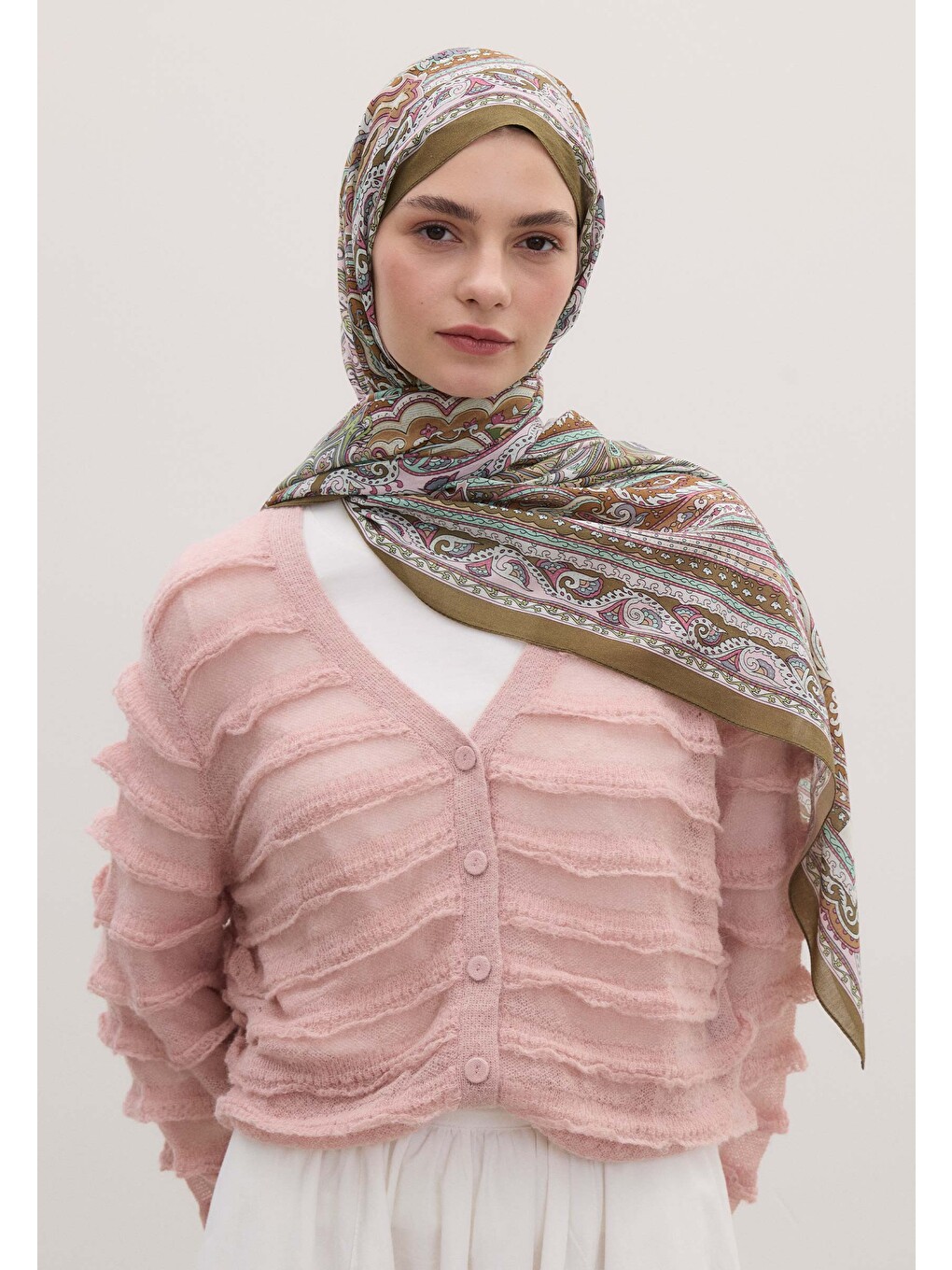 Etnıc Floral Desen Şal Tozlu Pembe-6