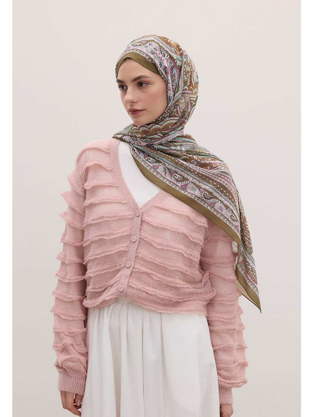 Etnıc Floral Desen Şal Tozlu Pembe-1
