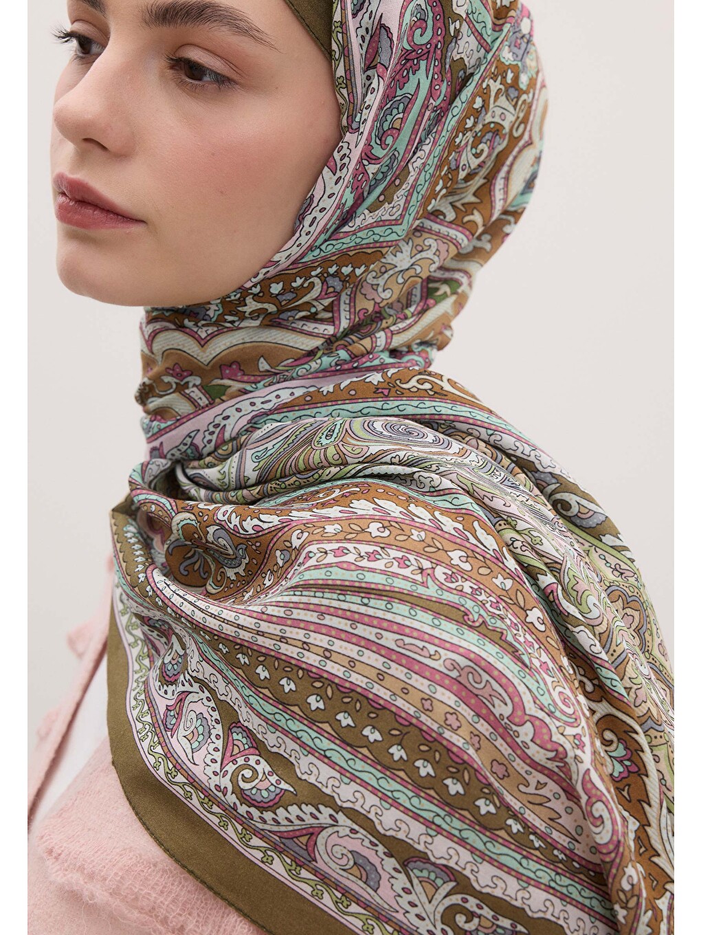 Etnıc Floral Desen Şal Tozlu Pembe-3