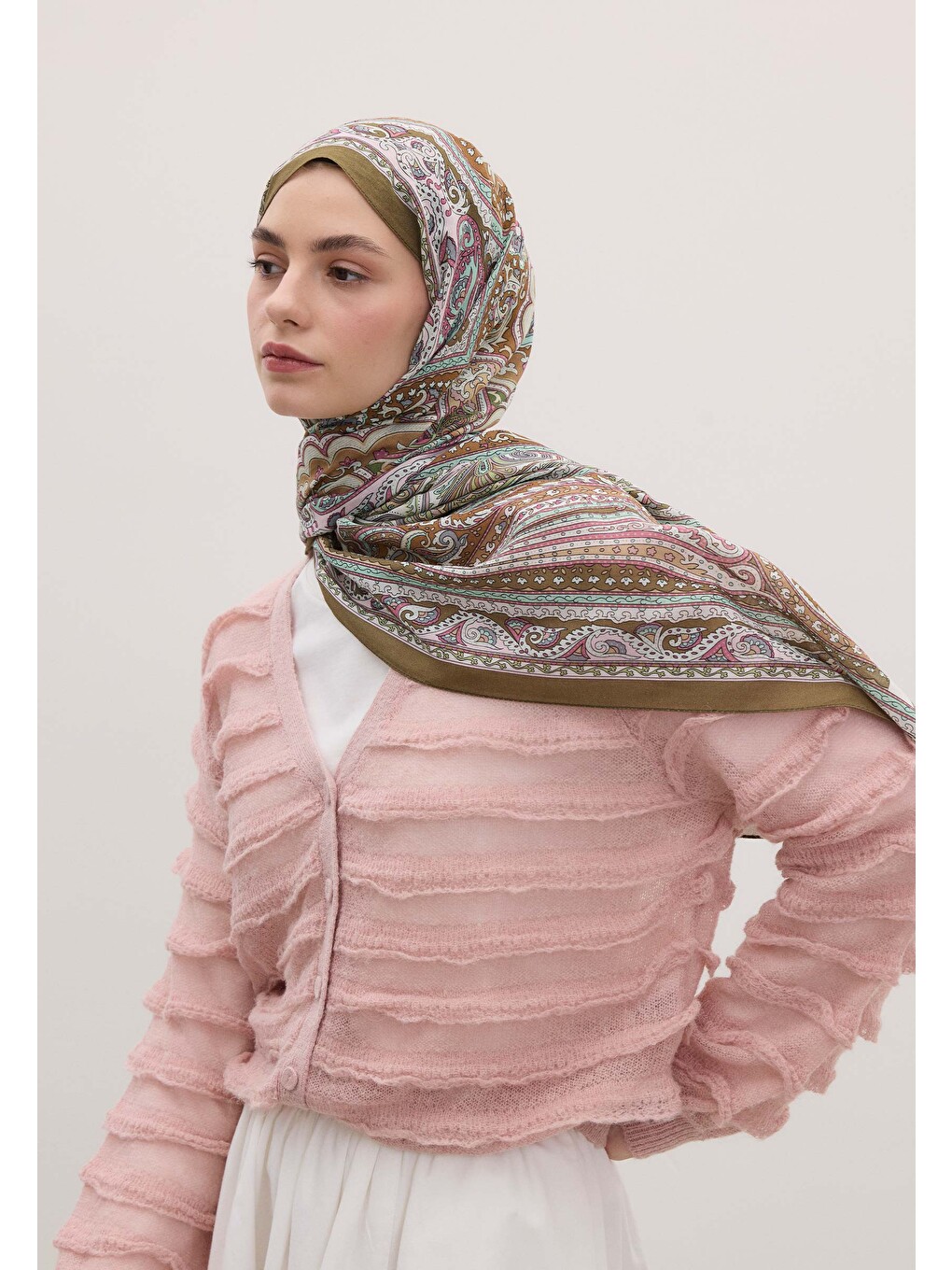 Etnıc Floral Desen Şal Tozlu Pembe-5