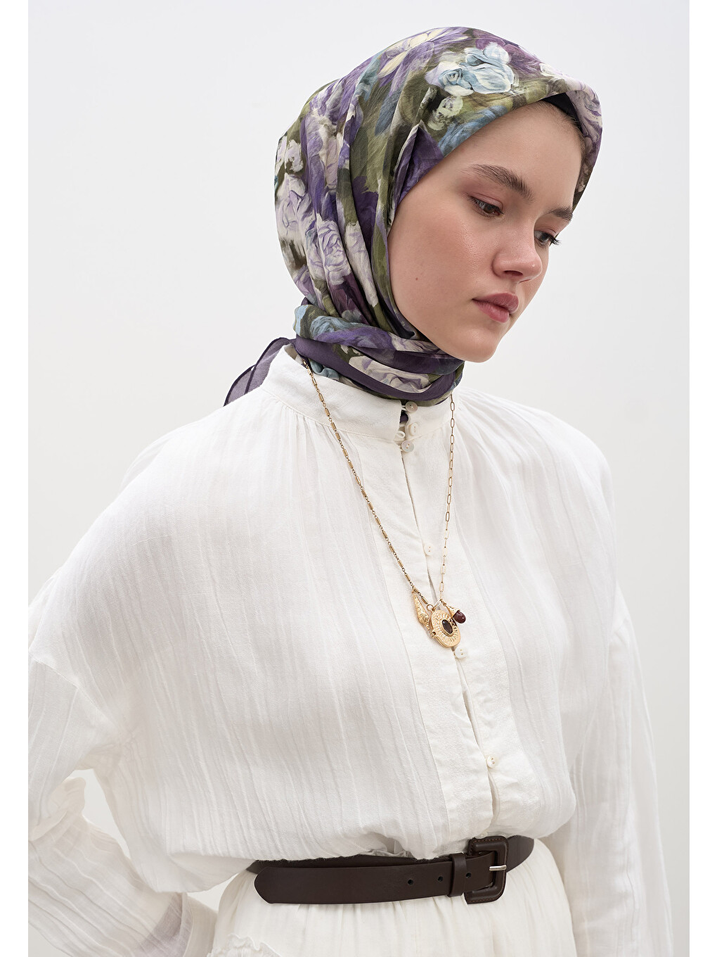 Rose Breeze Desen Pamuklu Viskon Eşarp Patlıcan Moru-1