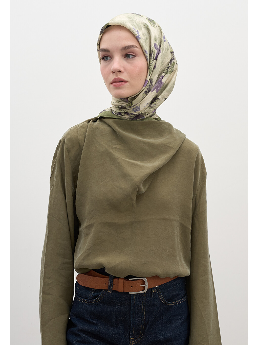 Fall Breeze Desen Pamuklu Viskon Eşarp Mint Yeşili-1