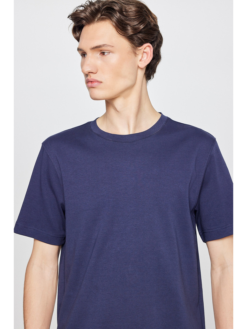 %100 Pamuk Regular Fit Normal Kesim Bisiklet Yaka Lacivert Basic Tişört-3