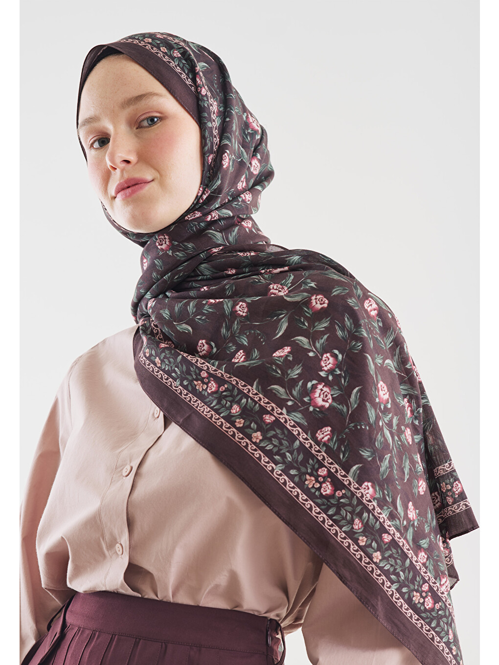 Bordo Leana Desenli Pamuk Viskon Şal Mürdüm-3