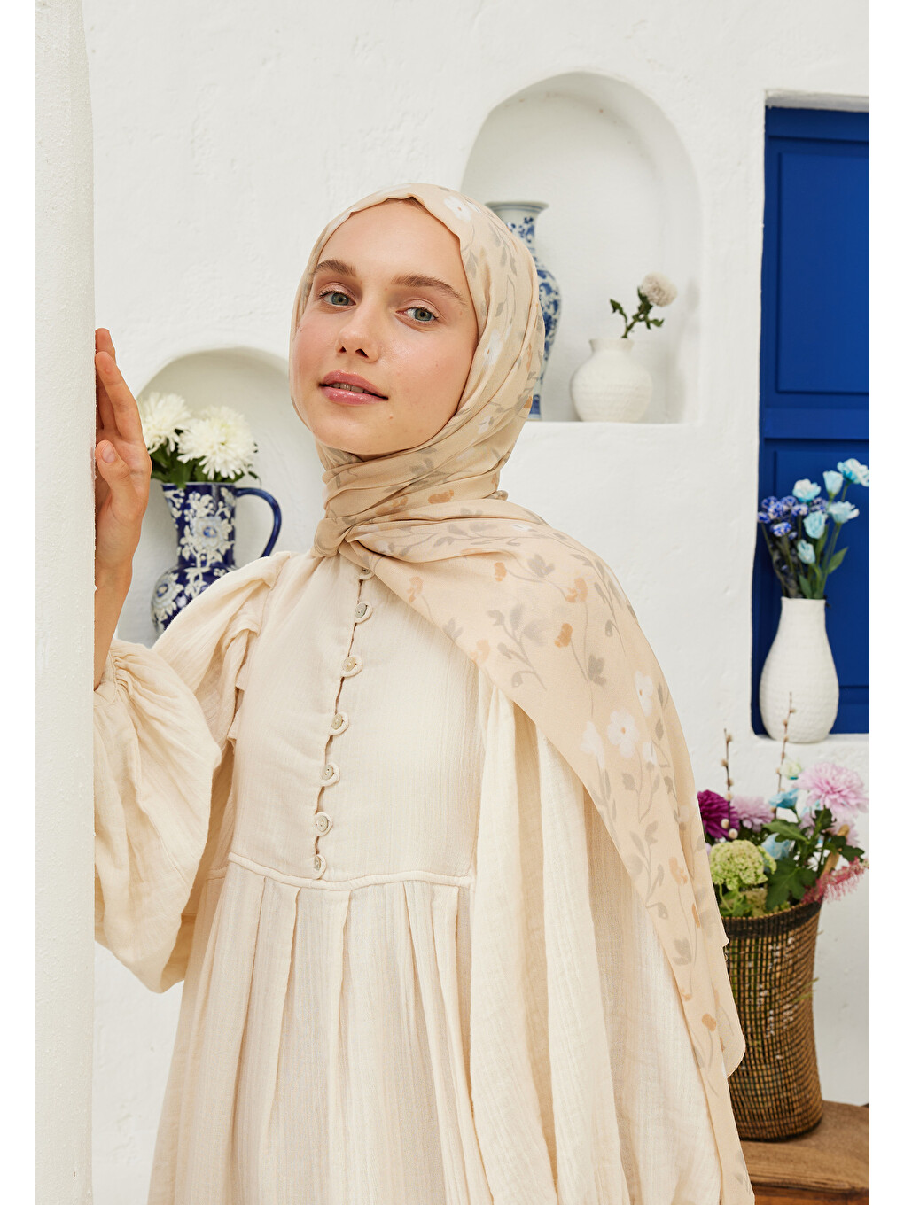 Bej Soft Flowers Desen Rami Şal Nude
