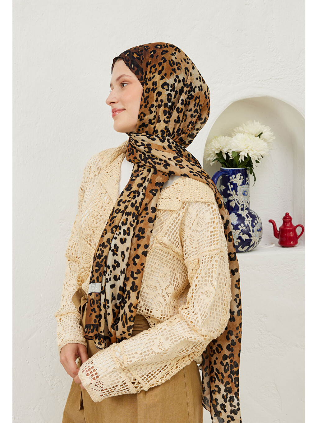 Kahverengi Leopar Desen Rami Şal Camel