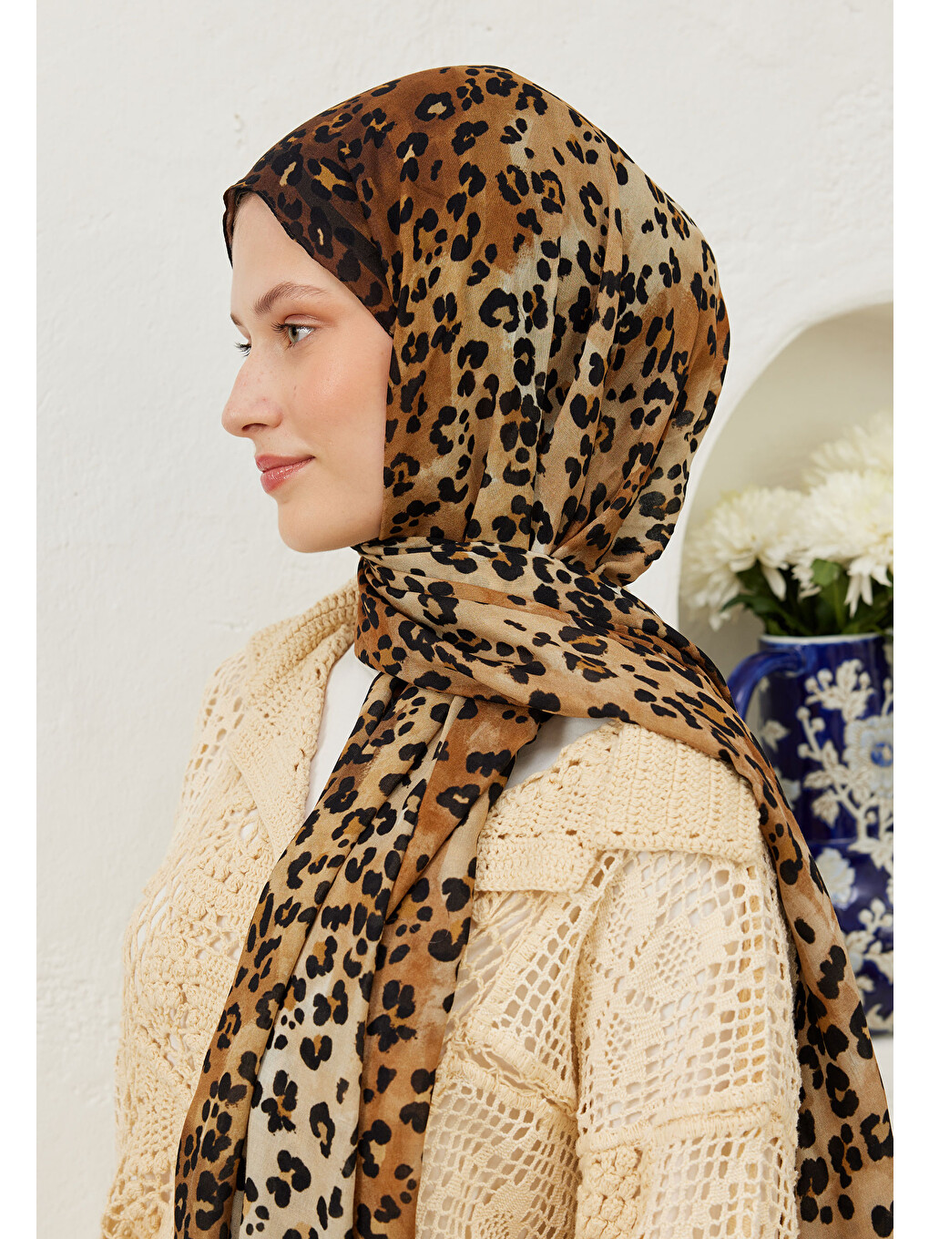 Kahverengi Leopar Desen Rami Şal Camel-2