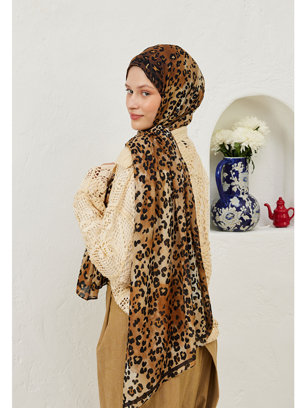 Kahverengi Leopar Desen Rami Şal Camel-3