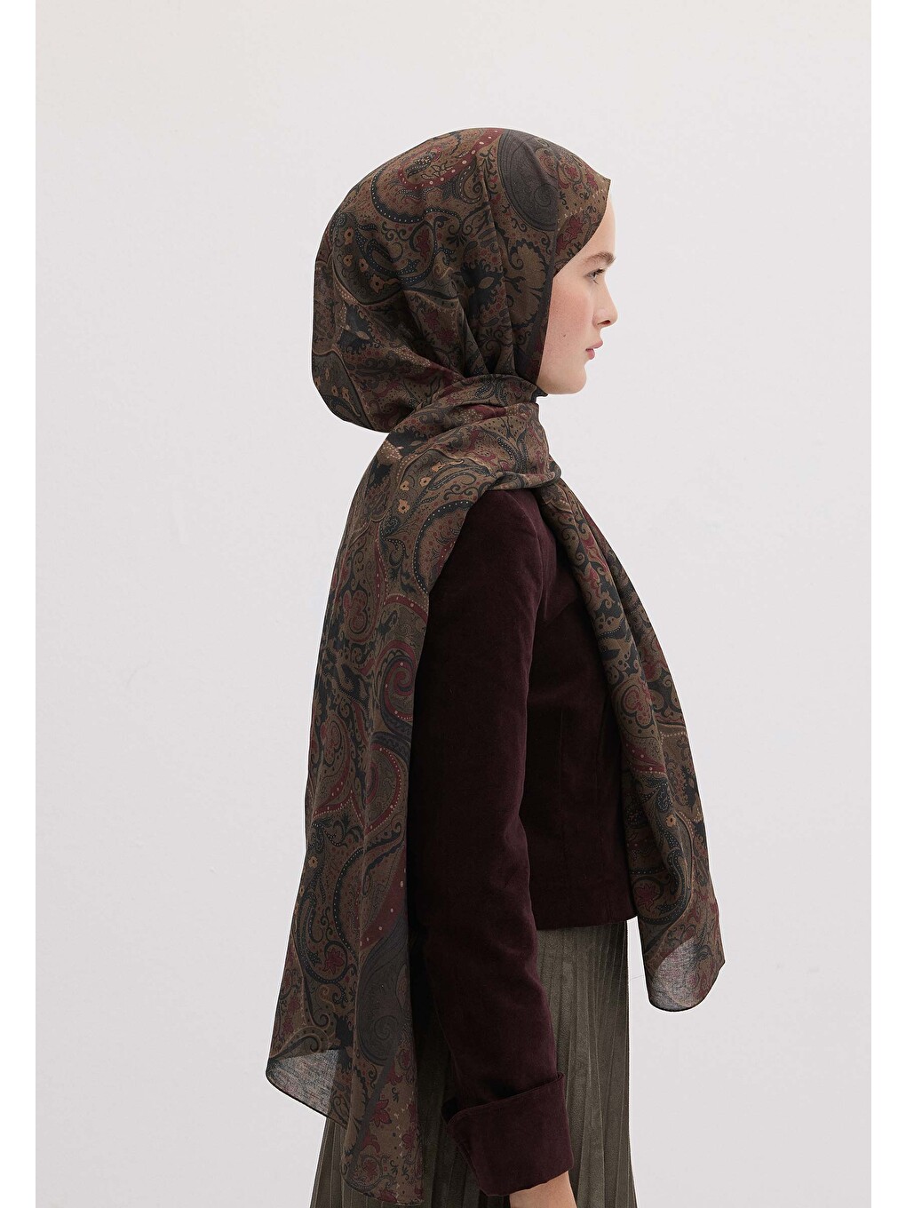 Kahverengi Etnıc Paısley Desen Şal Koyu Kahve-4