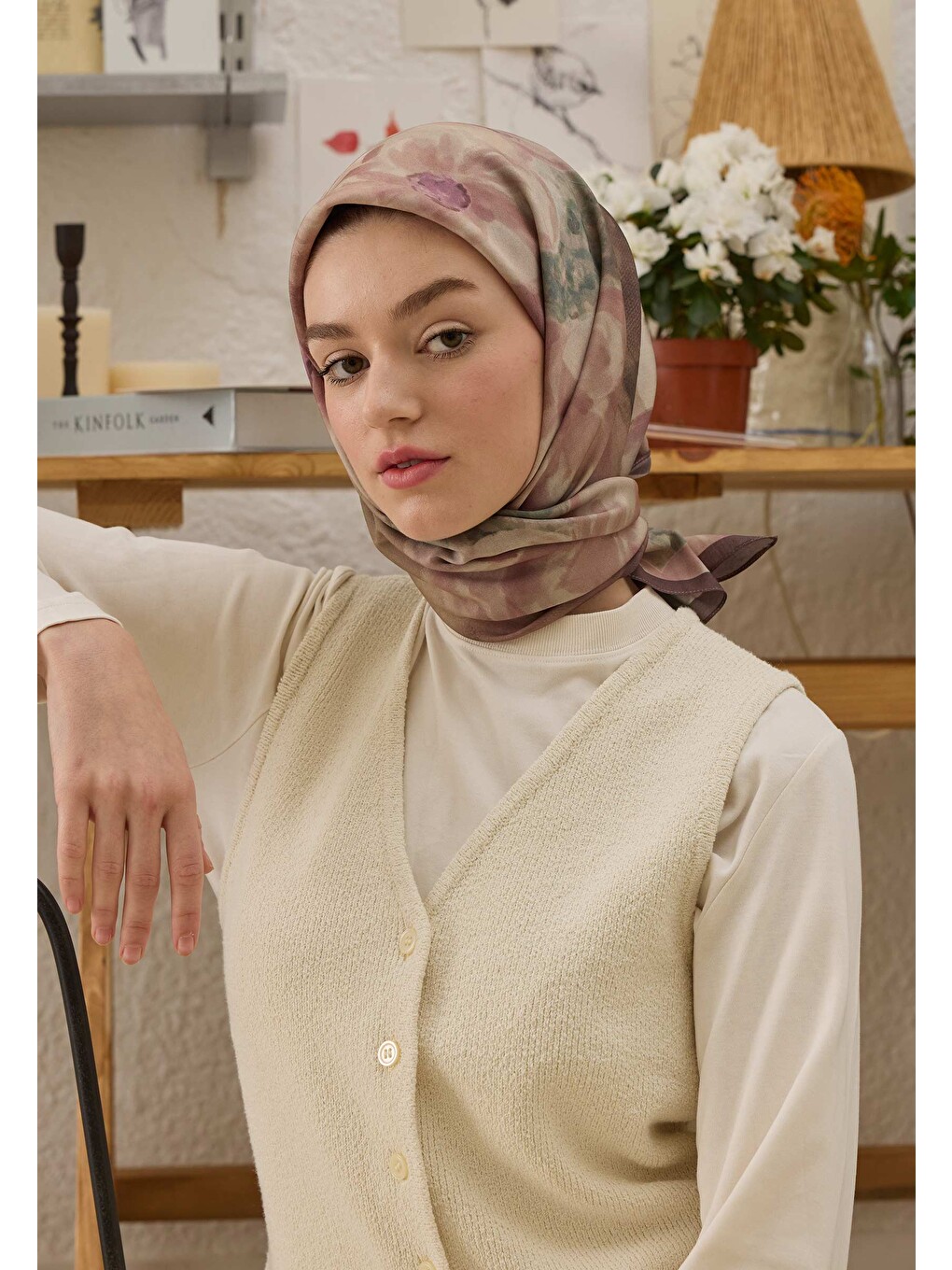 Pembe Blaır Desen Pamuk İpek Eşarp Gül Kurusu-3