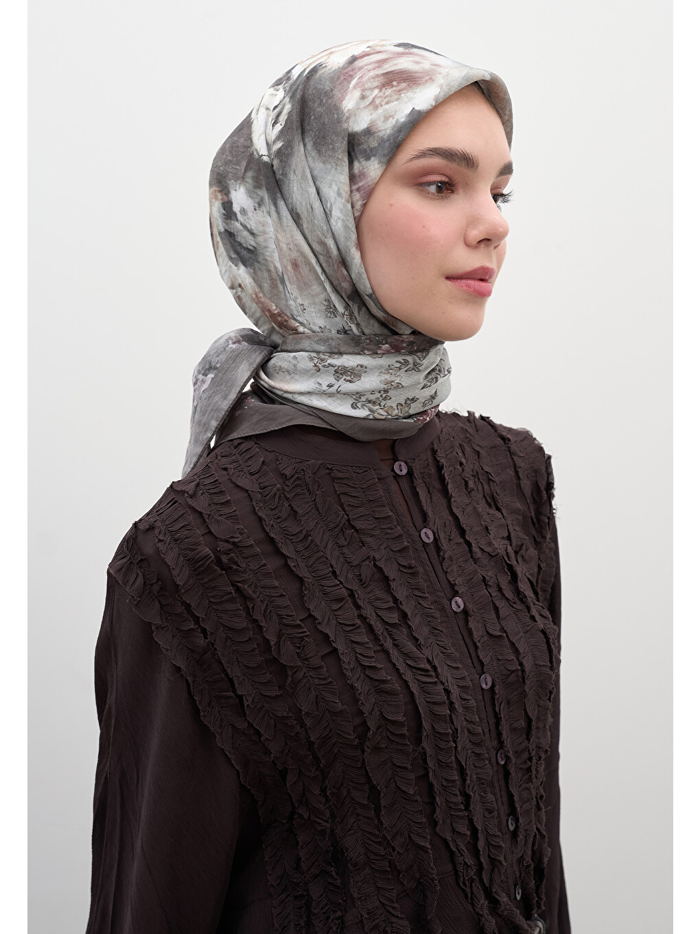 Gri Vıntage Rose Desen Pamuklu Viskon Eşarp Füme-4