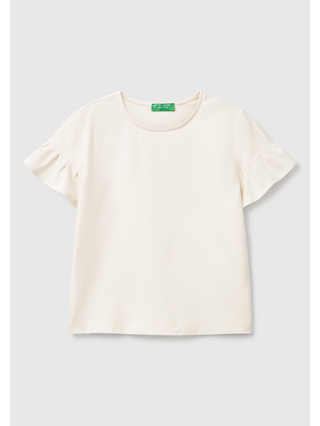 Ekru Kadın Krem Pamuk Karışımlı Kolları Fırfır Detaylı T-shirt-1