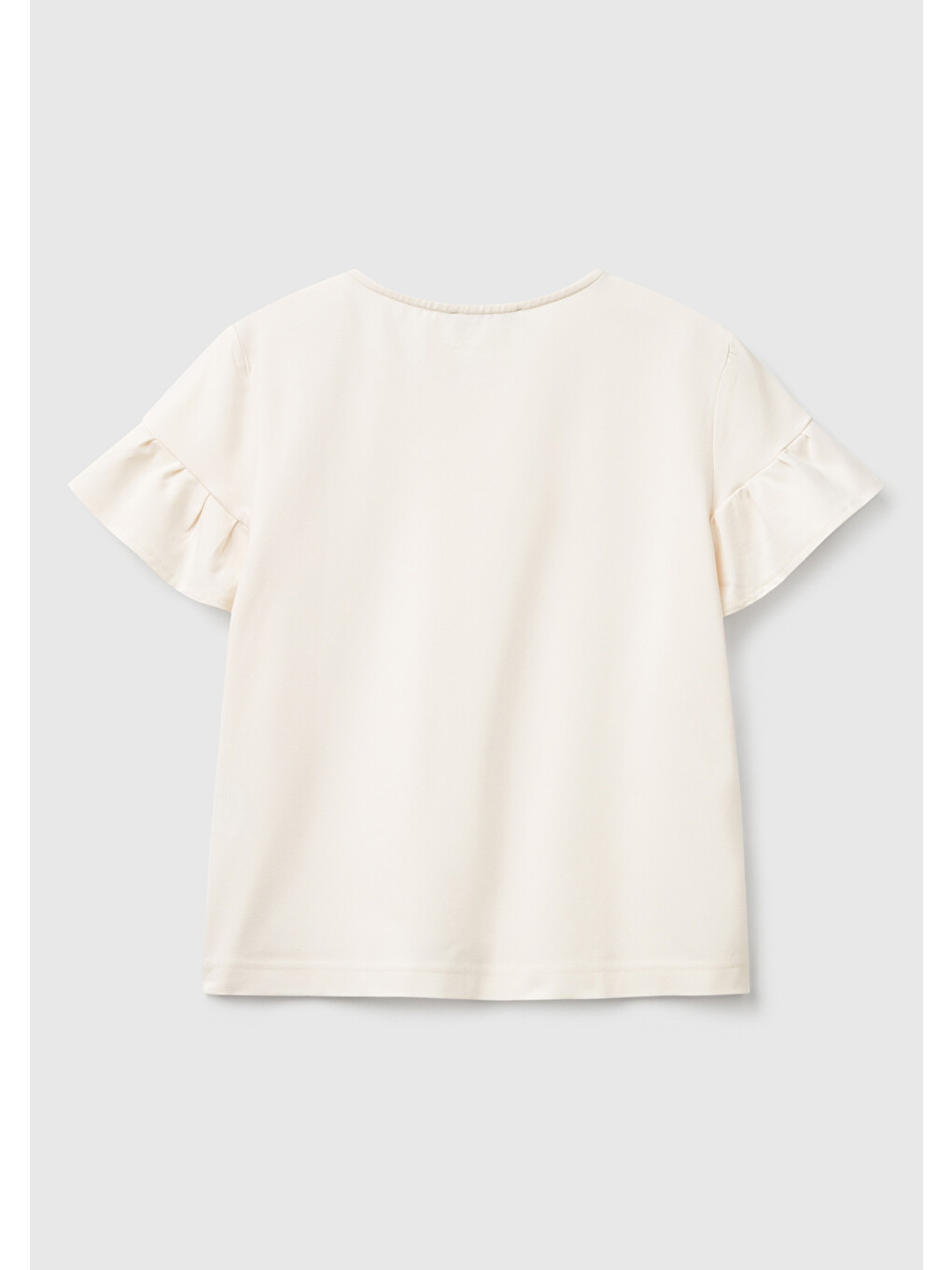 Ekru Kadın Krem Pamuk Karışımlı Kolları Fırfır Detaylı T-shirt-3