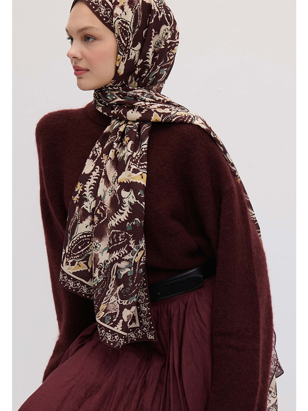 Floral Paısley Desen Şal Koyu Mürdüm-1