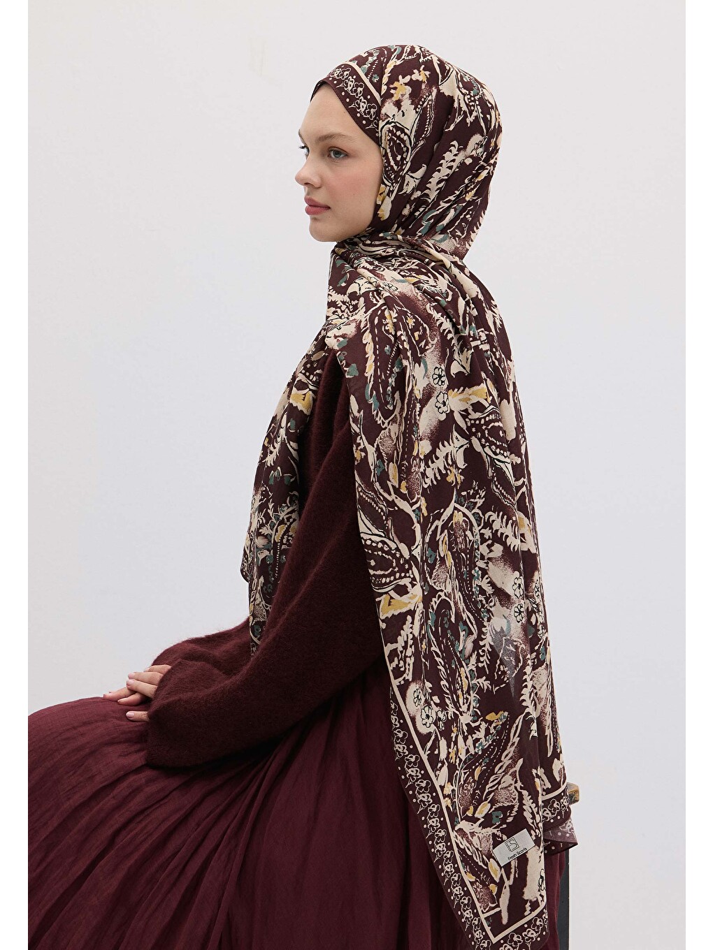 Floral Paısley Desen Şal Koyu Mürdüm-2