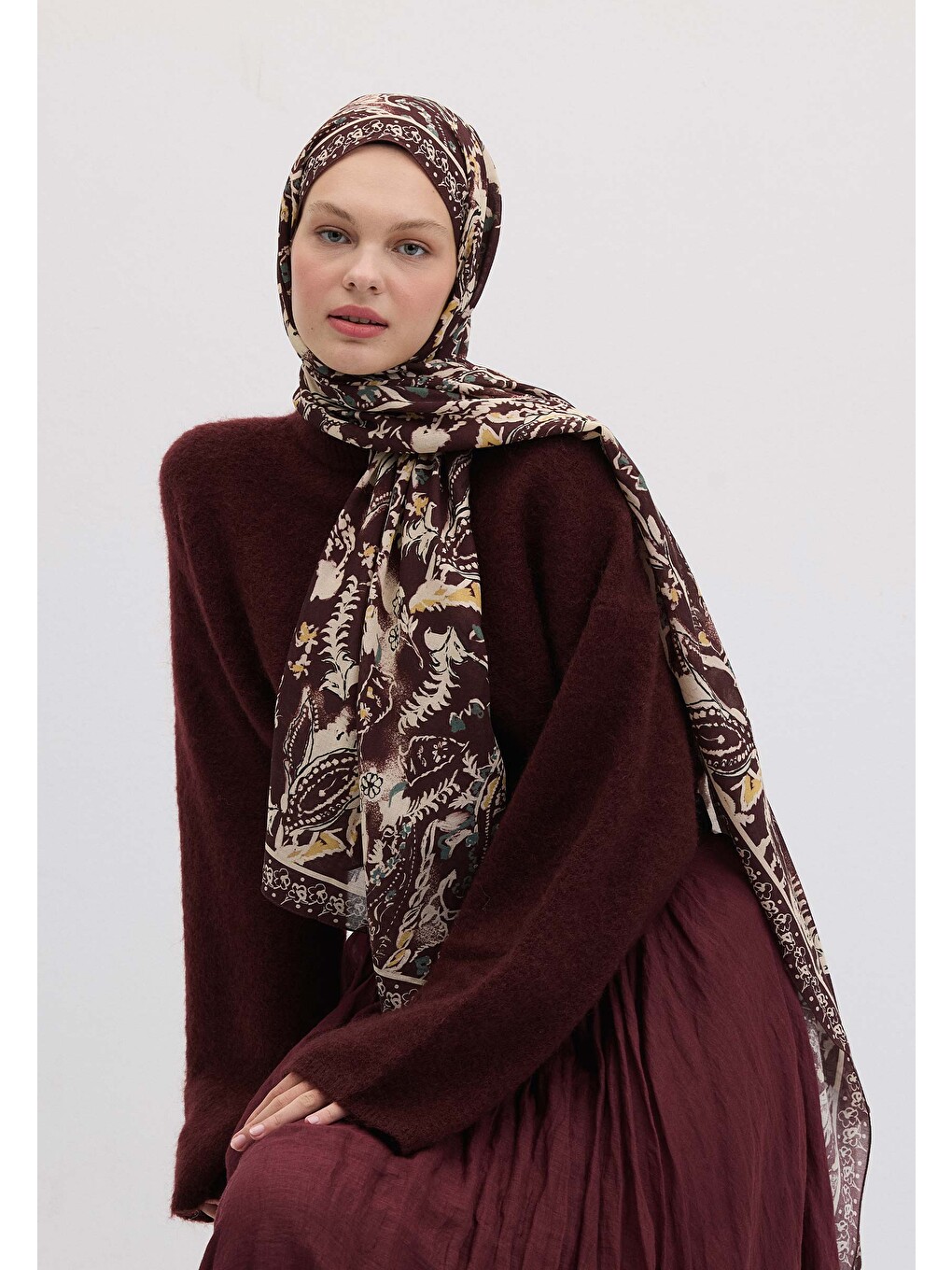 Floral Paısley Desen Şal Koyu Mürdüm-3