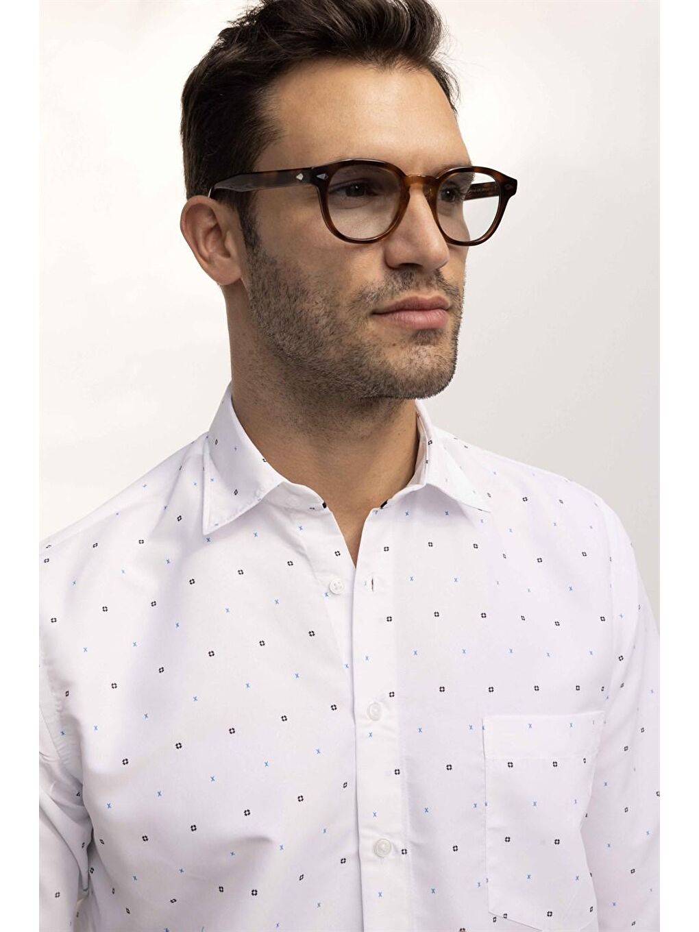 Klasik Fit Rahat Kesim Kolay Ütülenebilir Baskılı Erkek Beyaz Gömlek-1